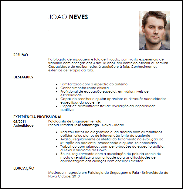 Modelo Curriculum Vitae Patologista de Linguagem e Fala 