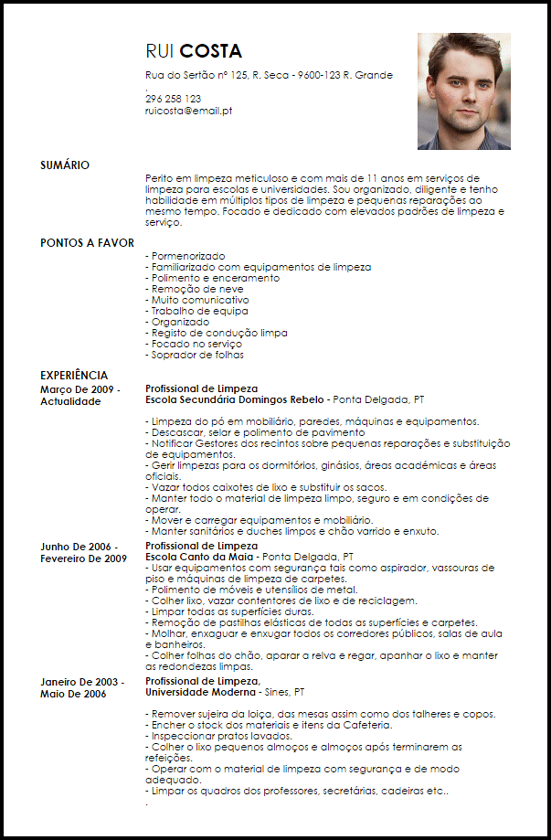 Modelo Curriculum Vitae Profissionais de Limpeza  LiveCareer