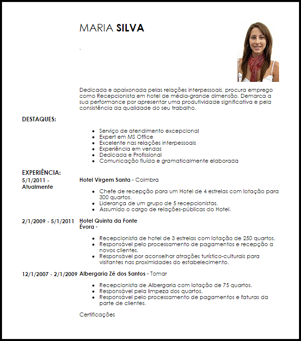 Exemplo Curriculum Vitae Recepcionista  LiveCareer