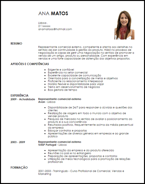 Modelo Curriculum Vitae Representante comercial externo 