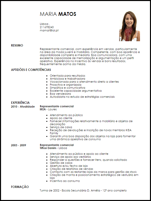 Modelo Curriculum Vitae Representante comercial  LiveCareer