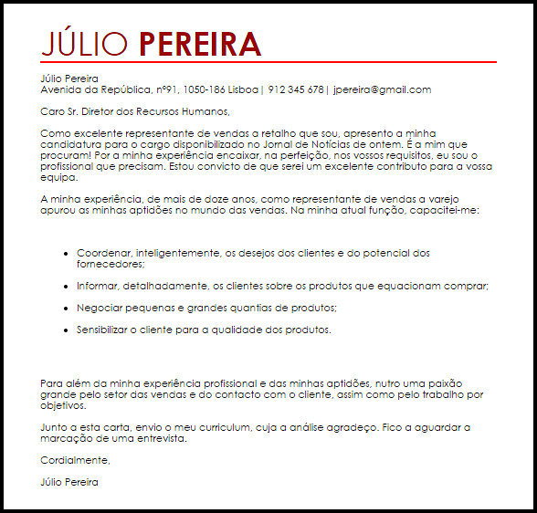 Modelo Carta de Apresentação Representante de Vendas a 