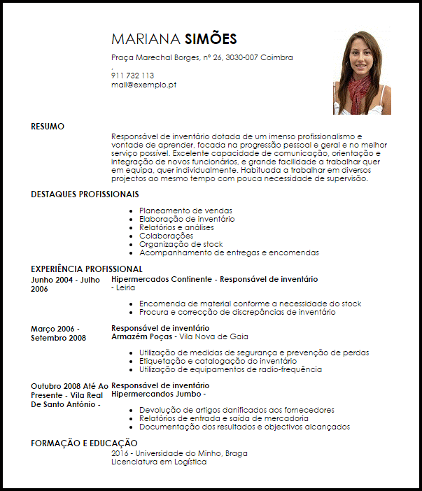 Modelo Curriculum Vitae Responsável de inventário  LiveCareer