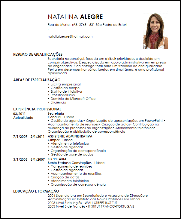 Modelo Curriculum Vitae Secretária  LiveCareer