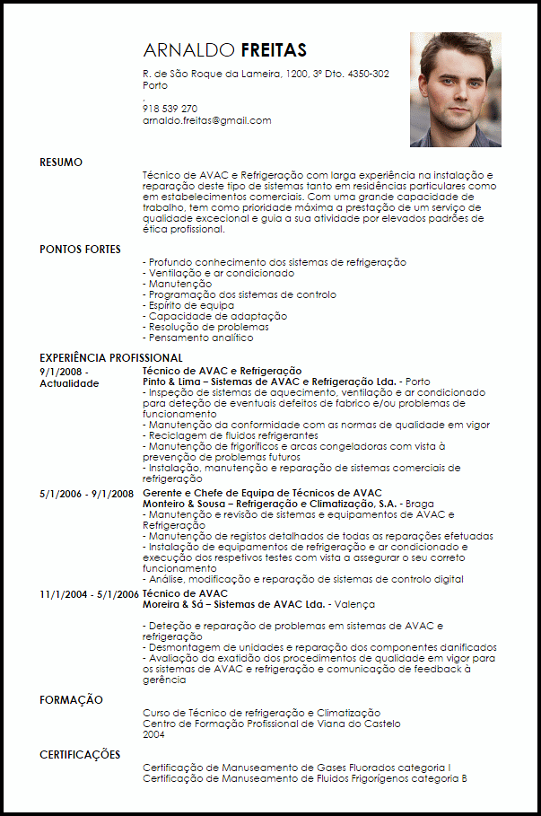 Modelo Curriculum Vitae Técnico de AVAC e Refrigeração 