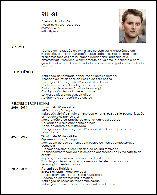 Modelo Curriculum Vitae Técnico de Instalação TV Satélite 