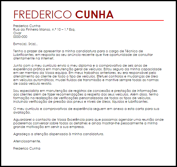 Modelo Carta de Apresentação Técnico de Lubrificantes 