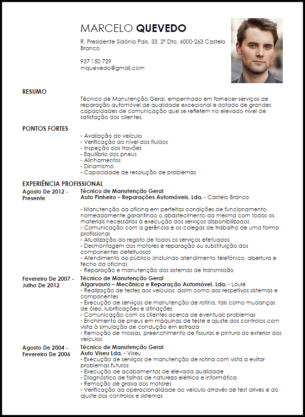 Modelo Curriculum Vitae Técnico de Manutenção Geral 