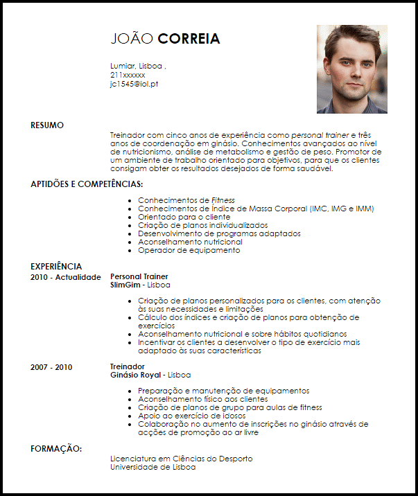 Modelo Curriculum Vitae Treinador Pessoal/Personal Trainer 