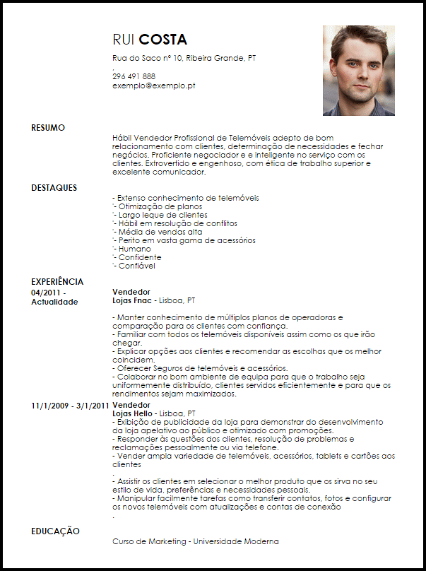 Modelo Curriculum Vitae Vendedor Profissional de 